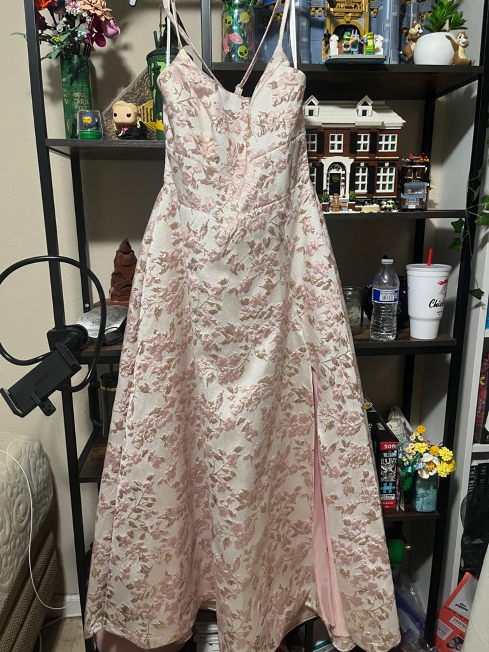 B Darlin Pink and Gold Floral A-Line Prom Dress